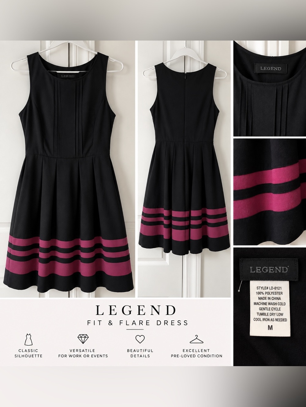 Girls' Black Fit & Flare Dress with Pink Stripe Detail